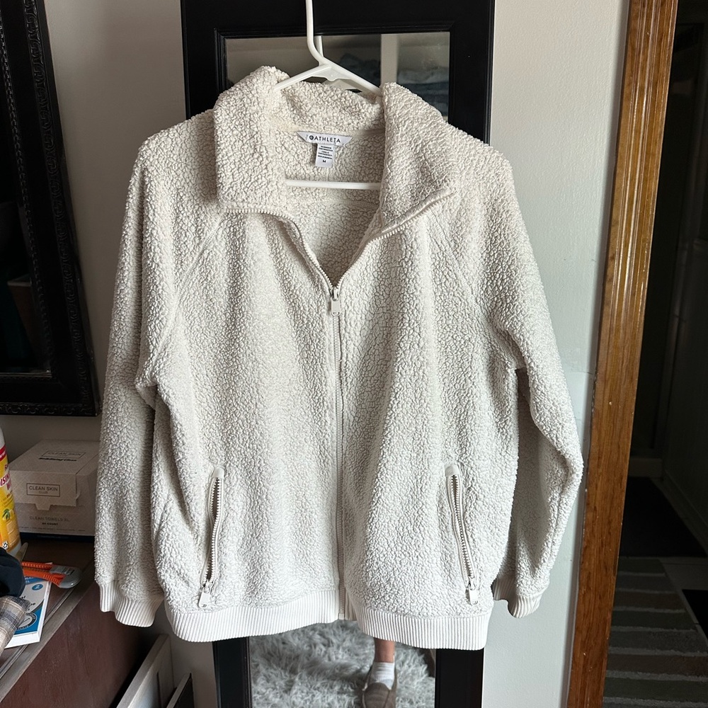ATHLETA Tugga Full Zip Sherpa Jacket Womens M Cream Zip Pockets Mock Neck EUC
